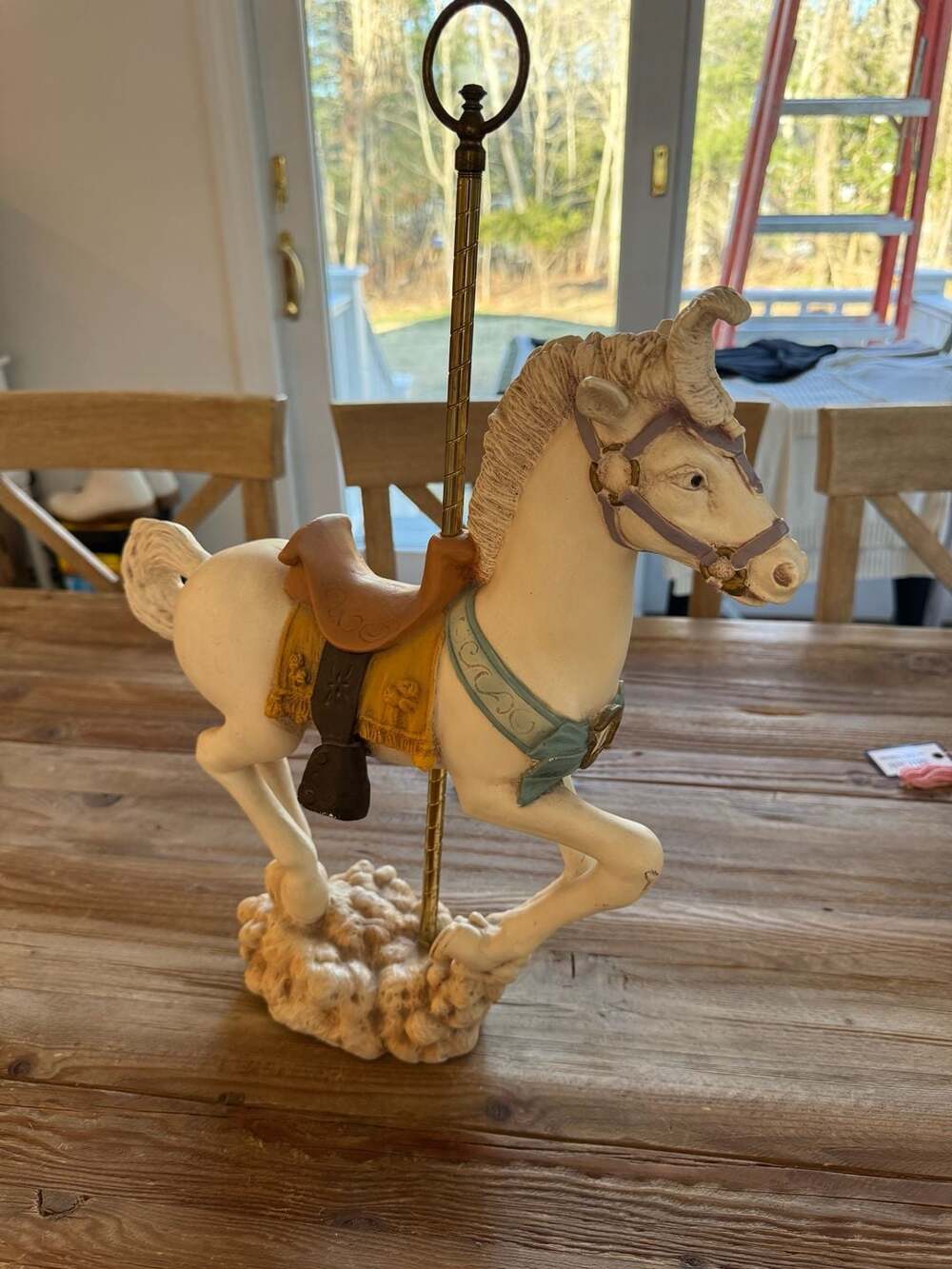 Vintage 19-Inch Large White Carousel Horse Statue with Brass Pole and Cloud Base